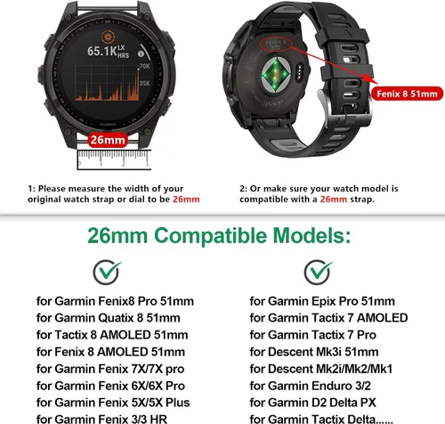 Miniatura 2 de EZMVZKU 26mm Quickfit Watchbands for Fenix 8 AMOLED 51mm/Fenix 7X/7X Pro/6X/6X Pro/5X Plus/3 HR, Sport Silicone Straps Compatible with Garmin Enduro