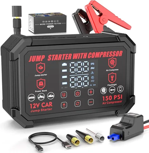Arrancador de salto con compresor de aire, batería de coche portátil de pico de 4000 A con inflador de neumáticos de apagado automático de 150 PSI,