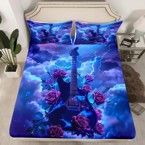 Miniatura 70 de Castle Fairy Juego de sábanas de botas de vaquero, tamaño individual, juego de ropa de cama de guitarra musical bohemia de 3 piezas para niños