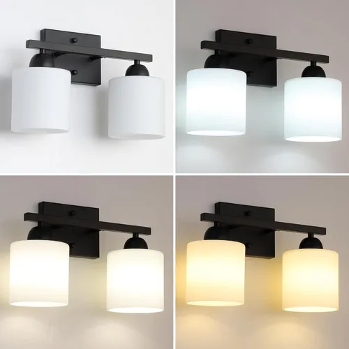 Miniatura 3 de Mecgirn Luces de tocador de vidrio esmerilado para baño, 2 luminarias de baño negro mate sobre espejo, portalámparas E26 de cerámica montados
