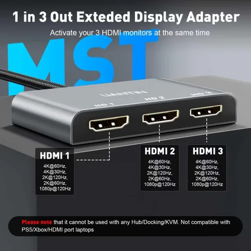 Miniatura 3 de UANTIN Divisor DisplayPort a HDMI para 3 monitores, adaptador de pantalla extendida 4K @60Hz, 1 DP en 3 salidas HDMI MST Hub para múltiples
