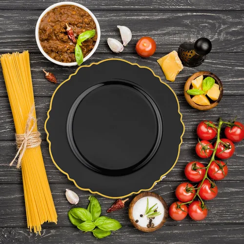 Miniatura 6 de Smarty Had A Party Elegante vajilla desechable de plástico, platos de ensalada de 7.5 pulgadas con borde de flores, color negro y dorado