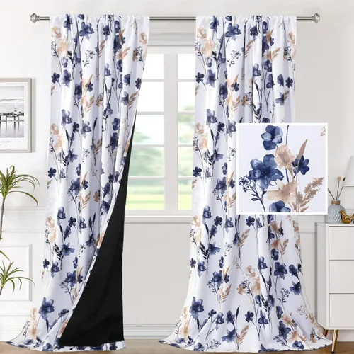 Miniatura 29 de H.VERSAILTEX Cenefas de cortina 100% opacas para ventanas de cocina, juego de 2 paneles de Cattleya con estampado floral Leah con aislamiento