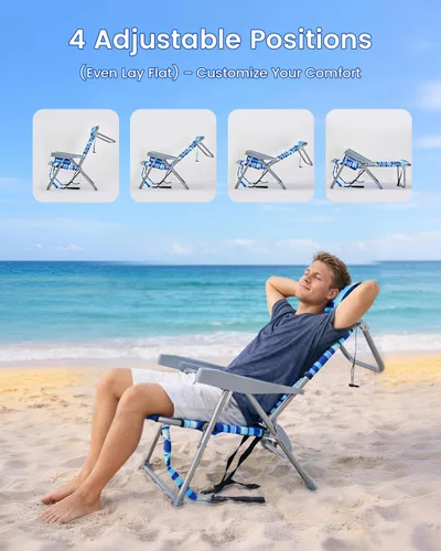 Miniatura 4 de GVDV Sillas de playa tipo mochila para adultos, silla plegable plana portátil con portavasos y toalleros, silla reclinable ajustable de 4 posiciones