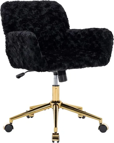 Miniatura 3 de Henf Silla de escritorio tapizada en piel sintética negra para maquillaje con base dorada, silla giratoria de oficina, silla de computadora