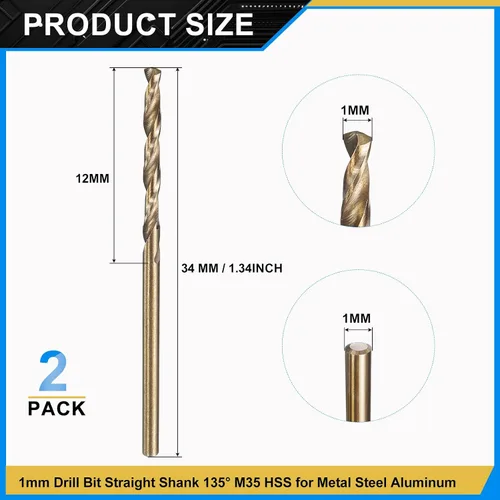 Miniatura 2 de PATIKIL Broca Jobber de 0.039 in, vástago recto M35 cobalto 5% acero de alta velocidad 135° acabado dorado para metal duro de acero inoxidable - 2