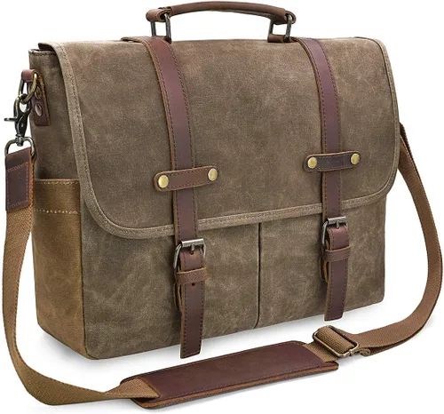 Miniatura 11 de Bolso mensajero para hombre de 15.6 pulgadas, impermeable, de cuero auténtico, encerado, maletín de lona grande, bolso de hombro de cuero resistente