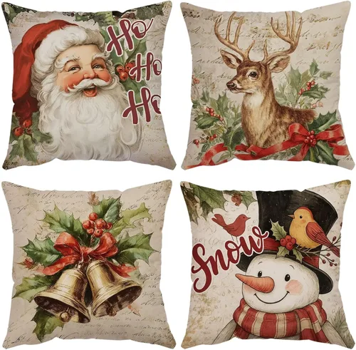 Miniatura 9 de Juego de 4 fundas de almohada de Navidad de 12 x 12 pulgadas, fundas de almohada de terciopelo de Navidad, fundas de almohada doradas y rojas