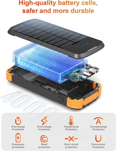 Miniatura 11 de Cargador Solar Banco de Energía, Batería Externa de Carga Rápida PD 20W, 40000mAh Cargador Portátil para Teléfono con 4 Cables Integrados y Luces