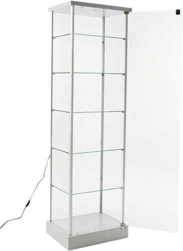 Miniatura 3 de Displays2go Escaparate de torre de cristal, 5 estantes ajustables, ruedas, luz LED, plata (153CPLEDSL)