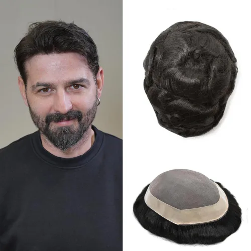 Miniatura 74 de Toupee - Sistema de reemplazo de cabello para hombre, cabello humano tipo tupé, negro, gris, marrón, rubio, protesis capilar para hombre
