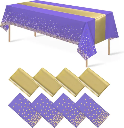 Miniatura 15 de 8 paquetes de manteles de plástico desechables y juego de camino de mesa de satén negro con dorado, mantel de satén dorado para graduación, boda