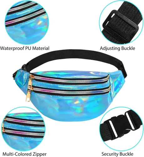 Miniatura 3 de ONUPGO Riñonera holográfica de 2 piezas para mujeres, niñas y hombres, riñonera brillante de color metálico, impermeable, holograma de poliuretano