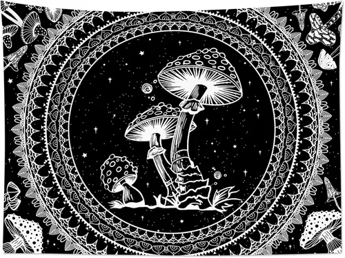 Miniatura 8 de SCECALA Tapiz bohemio de hongos, mandala blanco y negro para colgar en la pared para dormitorio, decoración bohemia del hogar, 60 x 40 pulgadas