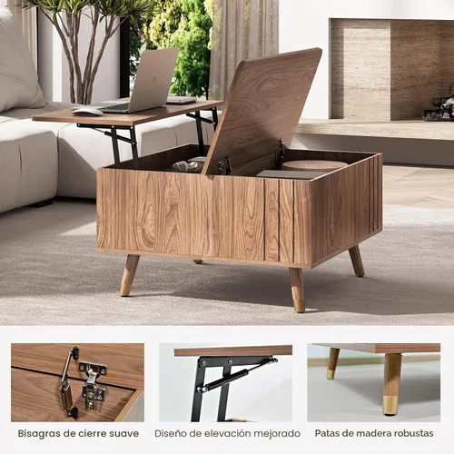 Miniatura 8 de JOINICE - Mesa auxiliar cuadrada con tapa elevable para sala estar u oficina en casa, con almacenamiento, compartimento oculto, estilo moderno Nogal