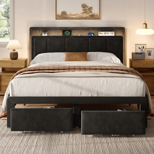 Base de cama de almacenamiento de tamaño matrimonial, cama de plataforma tapizada con 2 cajones, cabecera de canal vertical de terciopelo con luces