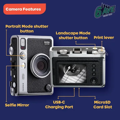 Miniatura 7 de Fujifilm Instax Mini EVO Hybrid Cámara instantánea (negra) con paquete de película instantánea Instax-Mini Twin de 40 hojas + tarjeta de memoria