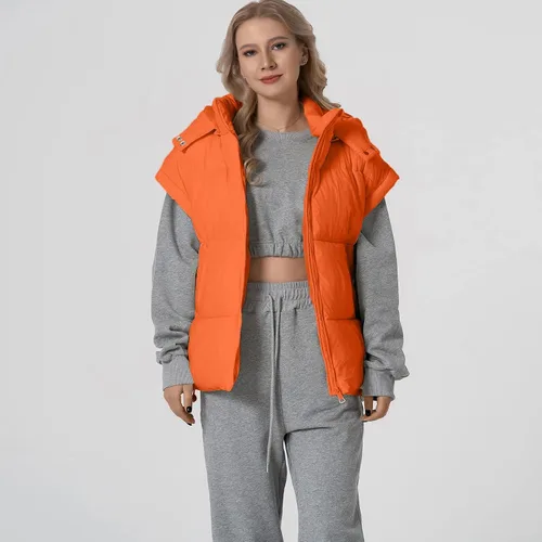 Miniatura 13 de Shiyifa Chaleco acolchado para mujer, chaqueta de gran tamaño, sin mangas, ligera, con cremallera, con capucha desmontable