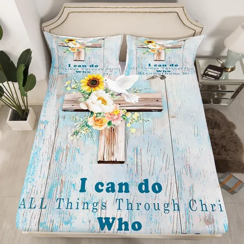 Juego de sábanas de Acción de Gracias, decoración temática de cruz, juego de ropa de cama de flores blancas de espíritu puro para adultos, paloma de