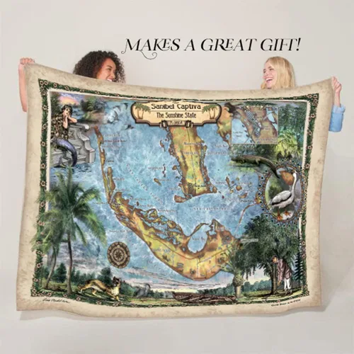 Sanibel Captiva - Manta de mapa de la isla de Florida, polar/sedosa/sherpa, forro polar, diseño vintage, para playa y mapa costero, manta para