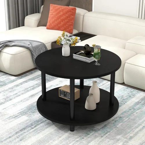Miniatura 2 de Mesa auxiliar redonda de 23.6 pulgadas, mesa auxiliar circular pequeña de 2 niveles con almacenamiento, mesa central moderna con marco de metal