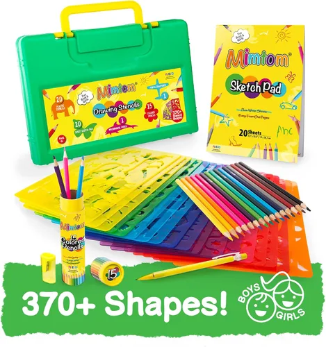 Miniatura 9 de Kit de plantillas de dibujo para niños, juego de 60 piezas de arte con más de 370 formas, bloc de bocetos y lápices de colores para manualidades