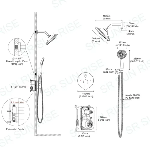 Miniatura 8 de SR SUN RISE Grifo de ducha – Sistema de cabezal de ducha multifuncional de alta presión de 8 pulgadas con accesorios de cabezal de ducha de mano