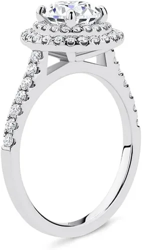 Miniatura 3 de Anillo de compromiso con doble halo redondo de 2.0 quilates fabricado en laboratorio, cuatro puntas, con certificación IGI en oro rosa amarillo