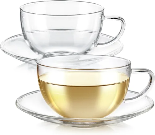 Teabloom Kyoto - Juego de tazas de té y platillo, 2 unidades, tamaño grande, capacidad de 12 onzas/11.8 fl oz, diseño transparente, vidrio de