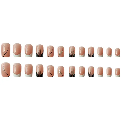 Miniatura 7 de Uñas postizas a presión de punta francesa, uñas postizas cuadradas blancas, uñas postizas cortas negras con diamantes de imitación, diseños