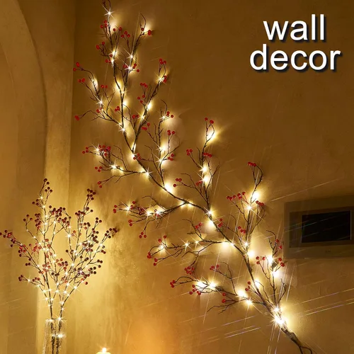 Miniatura 4 de Fudios - Guirnalda iluminada de bayas rojas con temporizador de 6 pies y 120 LED que funciona con pilas y USB, luces de guirnalda de Navidad