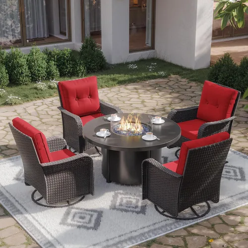 Miniatura 66 de Kurapika juego de muebles de patio 4 piezas de mimbre al aire libre, sillas de ratán, juego informal con mesa de café, juego de bistró con mecedora