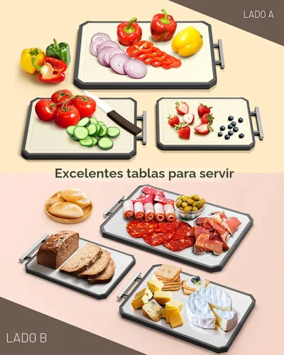Miniatura 2 de Tabla de cortar extragrande, juego de tablas de cortar de acero inoxidable de doble cara para cocina, acero inoxidable/paja de trigo pp, tabla