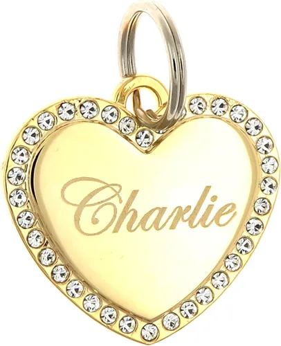 Etiqueta de identificación de joyería de mascotas con diamantes de imitación de corazón medio chapados en oro personalizado grabado personalizado
