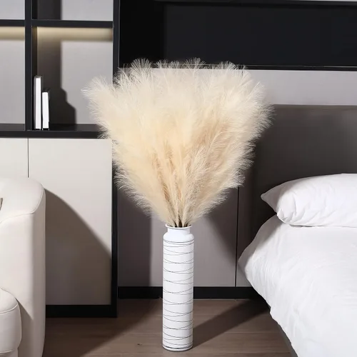 Miniatura 2 de 8 piezas de 45 pulgadas de alto, decoración de hierba de pampa sintética grande color beige pomposo, pompas largas falsas para relleno de jarrón
