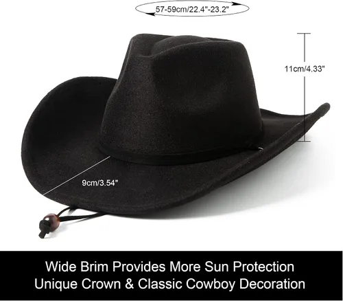 Miniatura 2 de Lanzom Sombrero de vaquero occidental de ala ancha de fieltro retro para mujeres y hombres, sombrero de vestir con cordón de viento, tamaño 6 87-7 14