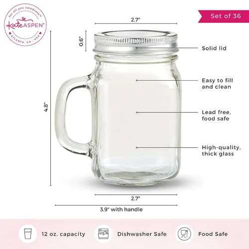 Miniatura 7 de Kate Aspen Tazas de Frasco Mason de 12 oz con Asas y Tapa Sólida (Juego de 6) Tazas de Vidrio para Beber de Cocina Favores de Baby Shower DIY