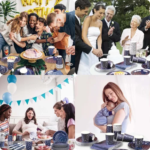 Miniatura 7 de 350 platos y servilletas azul marino para fiestas, platos de papel azul marino con cubiertos de plástico para 50 invitados, platos de cumpleaños