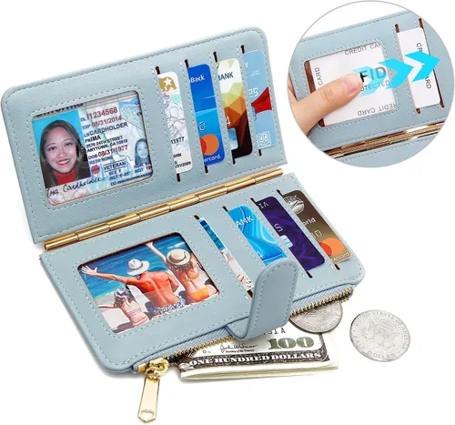 Miniatura 3 de Badiya Tarjetero de crédito para mujer, con bloqueo RFID, delgada, plegable, con bolsillo con cremallera y 3 ventanas para identificación