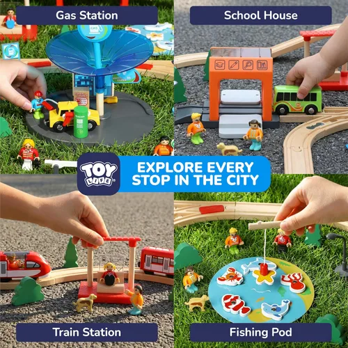 Miniatura 4 de TOY Life Juego de Tren de Madera para Niños Pequeños de 2-4 Años, 119 Piezas Juguetes de Tren de Ciudad con Vías de Tren de Madera, Juego de Tren