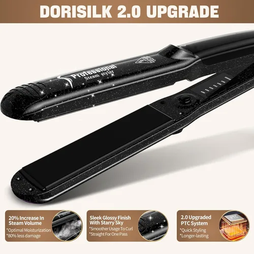 Miniatura 4 de DORISILK Alisadores de Vapor 2.0 Mejorados para el Cabello, Plancha Plana de Vapor de Turmalina Cerámica Profesional de Salón Alisador de Cabello