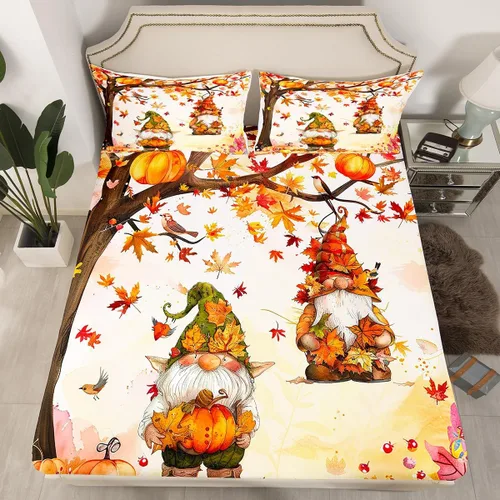 Miniatura 8 de Manfei Sábana bajera ajustable de calabaza otoñal, tamaño individual, juego de ropa de cama floral de hojas verdes, 2 piezas para decoración