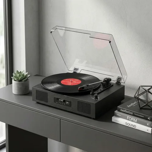 Miniatura 8 de Tocadiscos de vinilo Bluetooth con dos altavoces incorporados, grabación USB, transmisión por correa, 3 velocidades, tocadiscos para discos de Negro