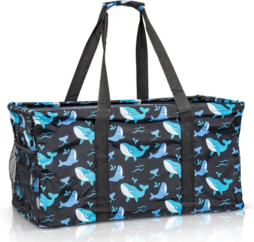 Miniatura 17 de Bolsa de utilidad extragrande Lucazzi - Cesta de lona rectangular plegable reutilizable con marco de alambre con dos bolsillos exteriores