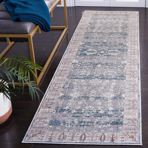SAFAVIEH Valencia Collection - Alfombra de pasillo de 2 pies 3 pulgadas x 12 pies, color gris y verde, diseño bohemio chic envejecido, no desprende