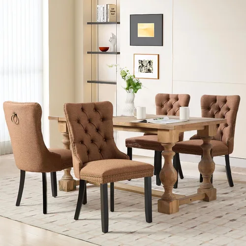 Miniatura 91 de SoarFlash Juego de 2 sillas de comedor de tela de lino, sillas de comedor tapizadas con ribete de cabeza de clavo y patas de madera de color claro