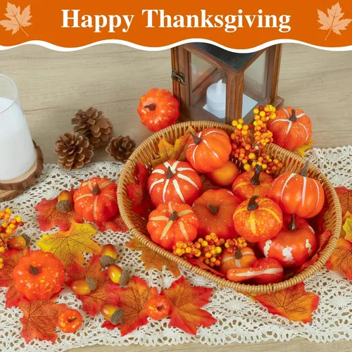 Miniatura 4 de Juego de 51 mini calabazas artificiales para decoración de otoño, calabazas de plástico de espuma con hojas de otoño, pequeñas decoraciones de otoño