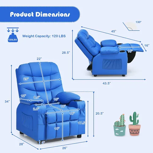 Miniatura 3 de Costzon Silla Reclinable para Niños con Portavasos, Silla de Salón de Cuero Ajustable con Reposapiés y Bolsillos Laterales para Habitación de Niños