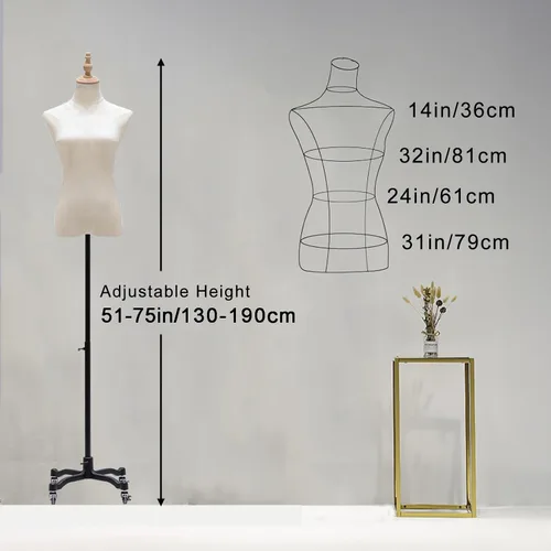 Miniatura 2 de Torso de maniquí femenino, 51 a 75 pulgadas de altura ajustable, maniquíes con ruedas, cuerpo de maniquí de vestido para exhibición de ropa, joyería