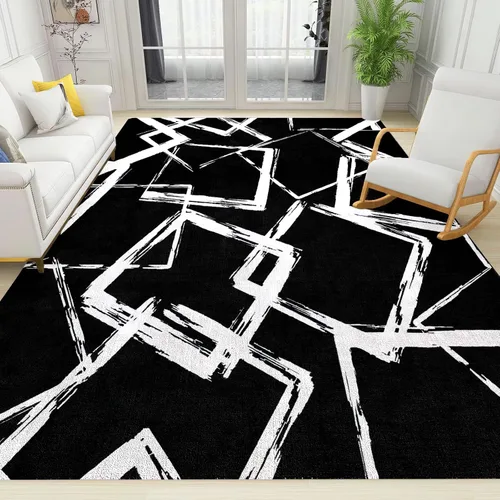 Alfombra de área de líneas geométricas abstractas, patrón geométrico blanco sobre fondo negro, antideslizante, alfombra de área grande, alfombra